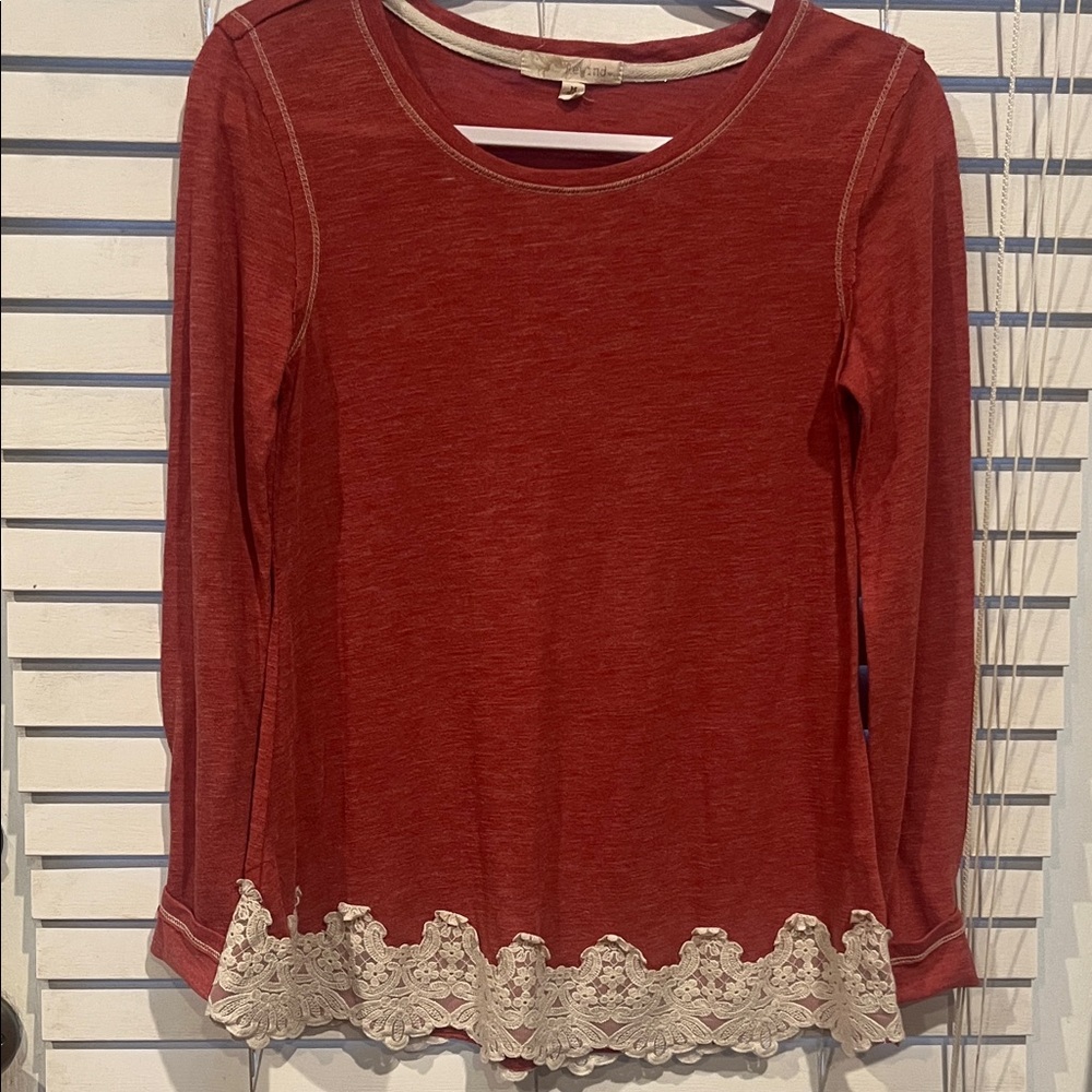 Rewind Red Long Sleeve Top with Lace Hem